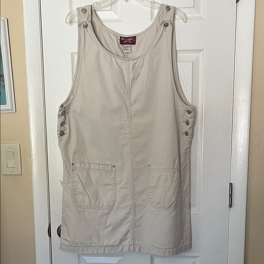 Denim & Co vintage jumper overall dress khaki denim cotton front pockets Large